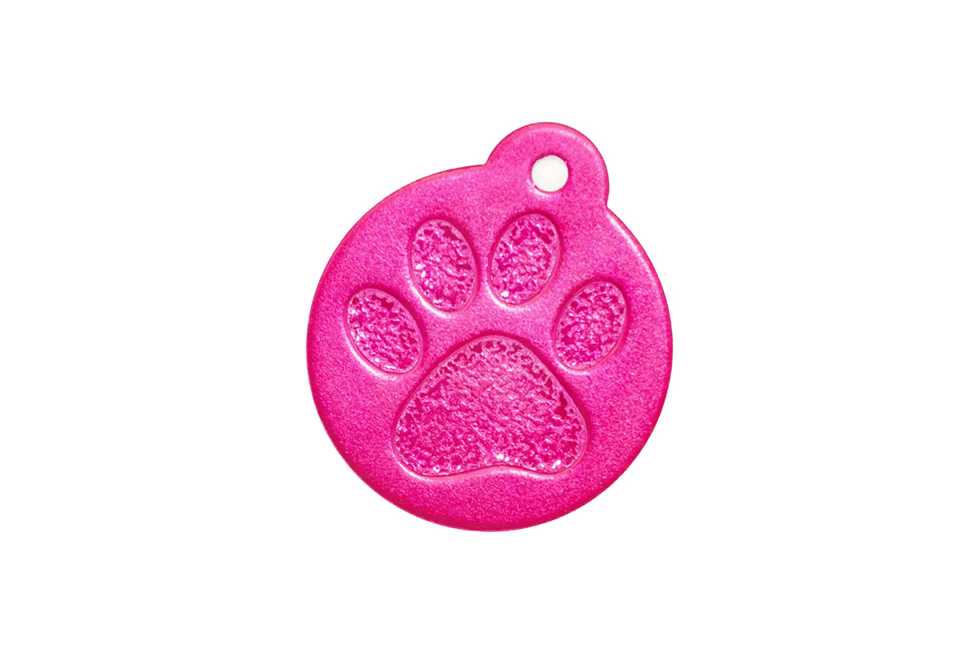 pink aluminium paw print dog tag round front