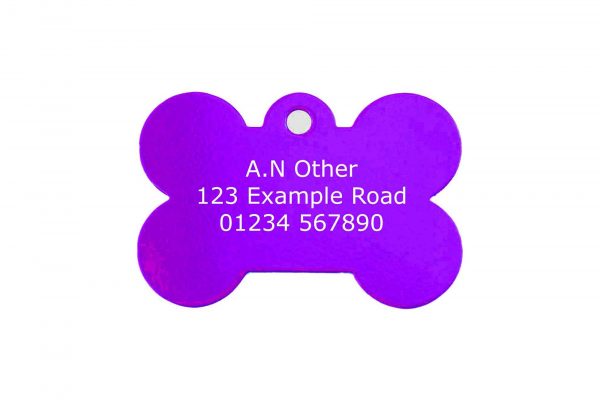 purple aluminium bone dog tag