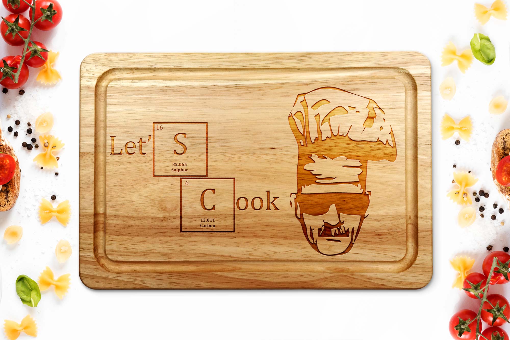 Breaking Bad ‘Let’s Cook’ Wooden Chopping Board on white worktop