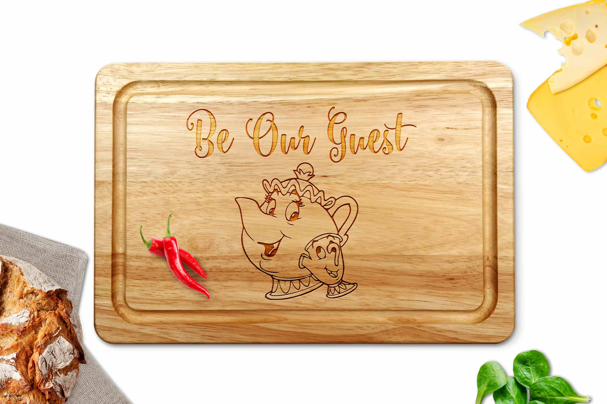 be our guest wooden chopping board on a white worktop