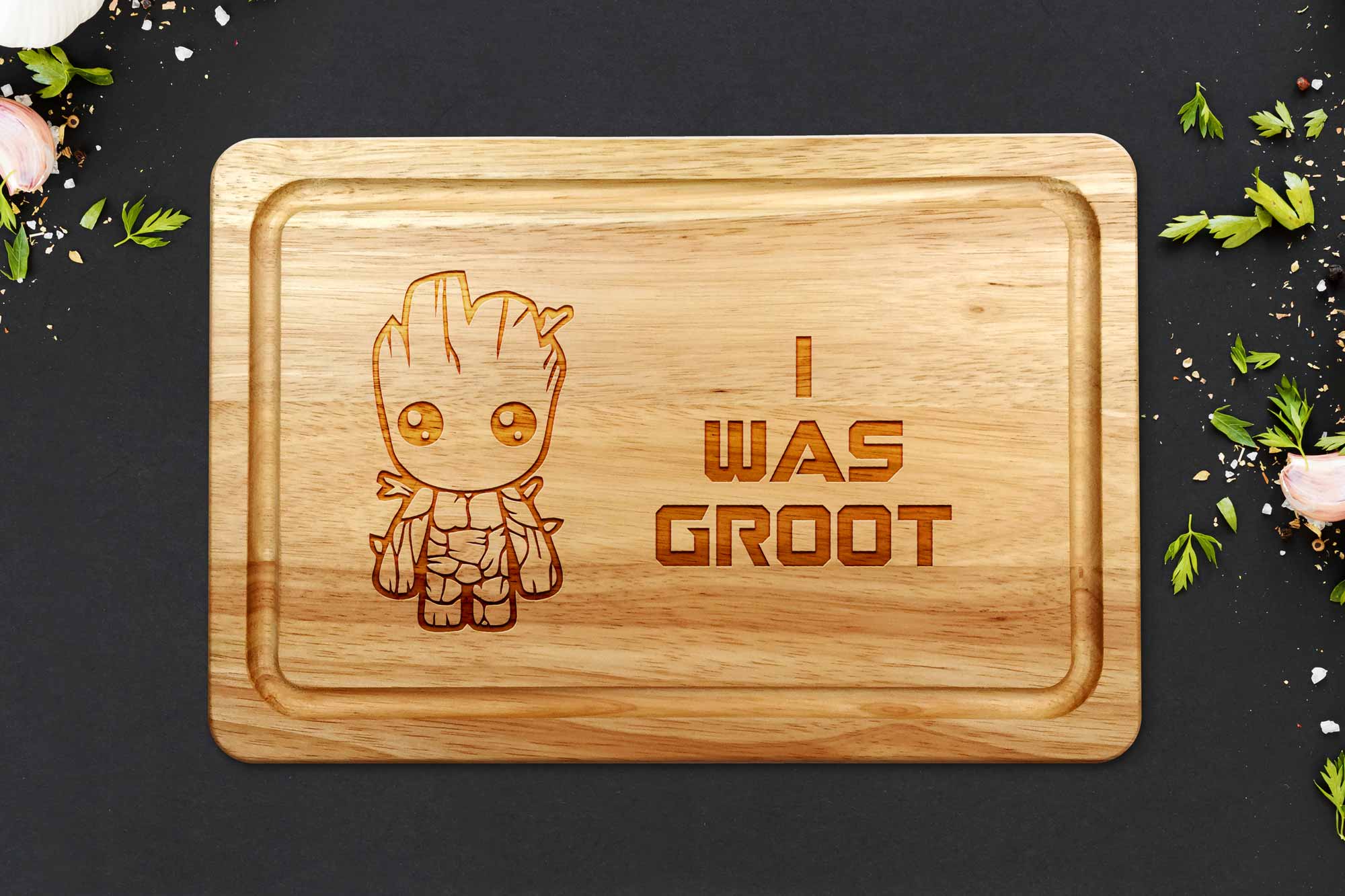 I was groot chopping board on a grey worktop