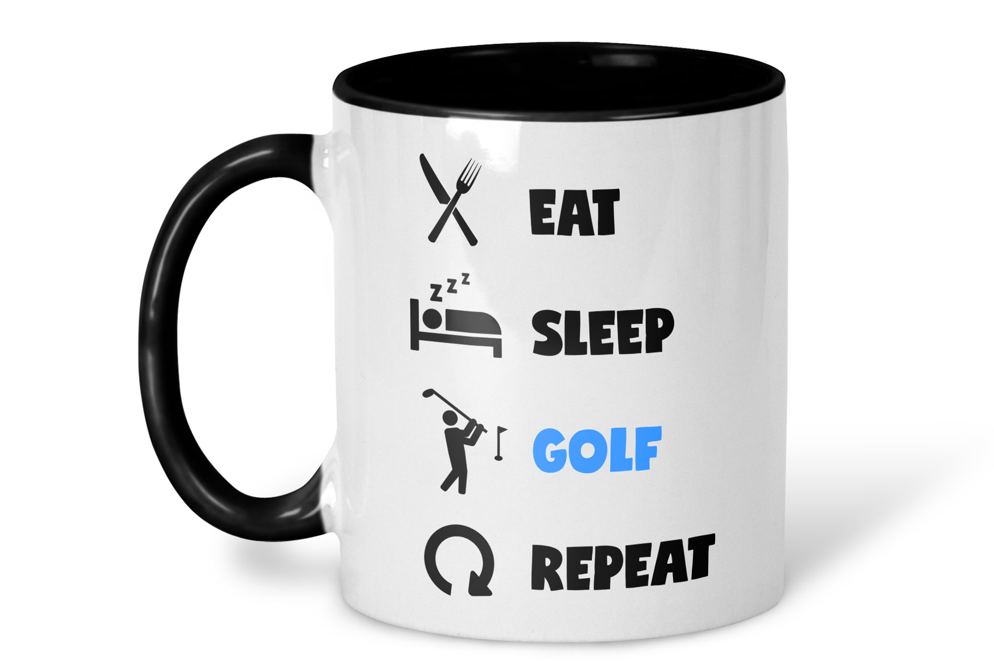eat sleep golf repeat mug on a white background