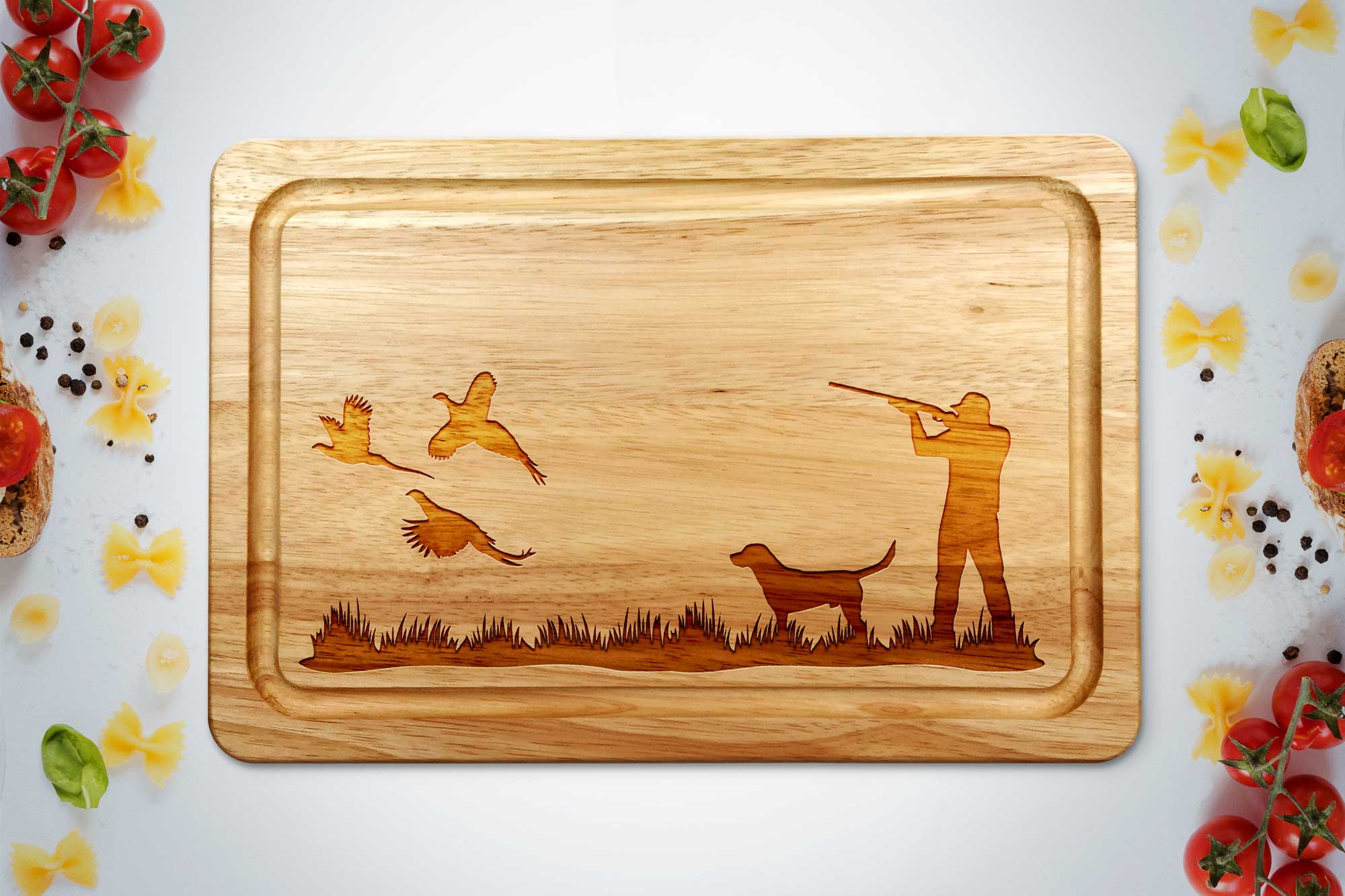 pheasant shooting chopping board on a white worktop