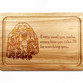 cocker spaniel chopping board on a white worktop