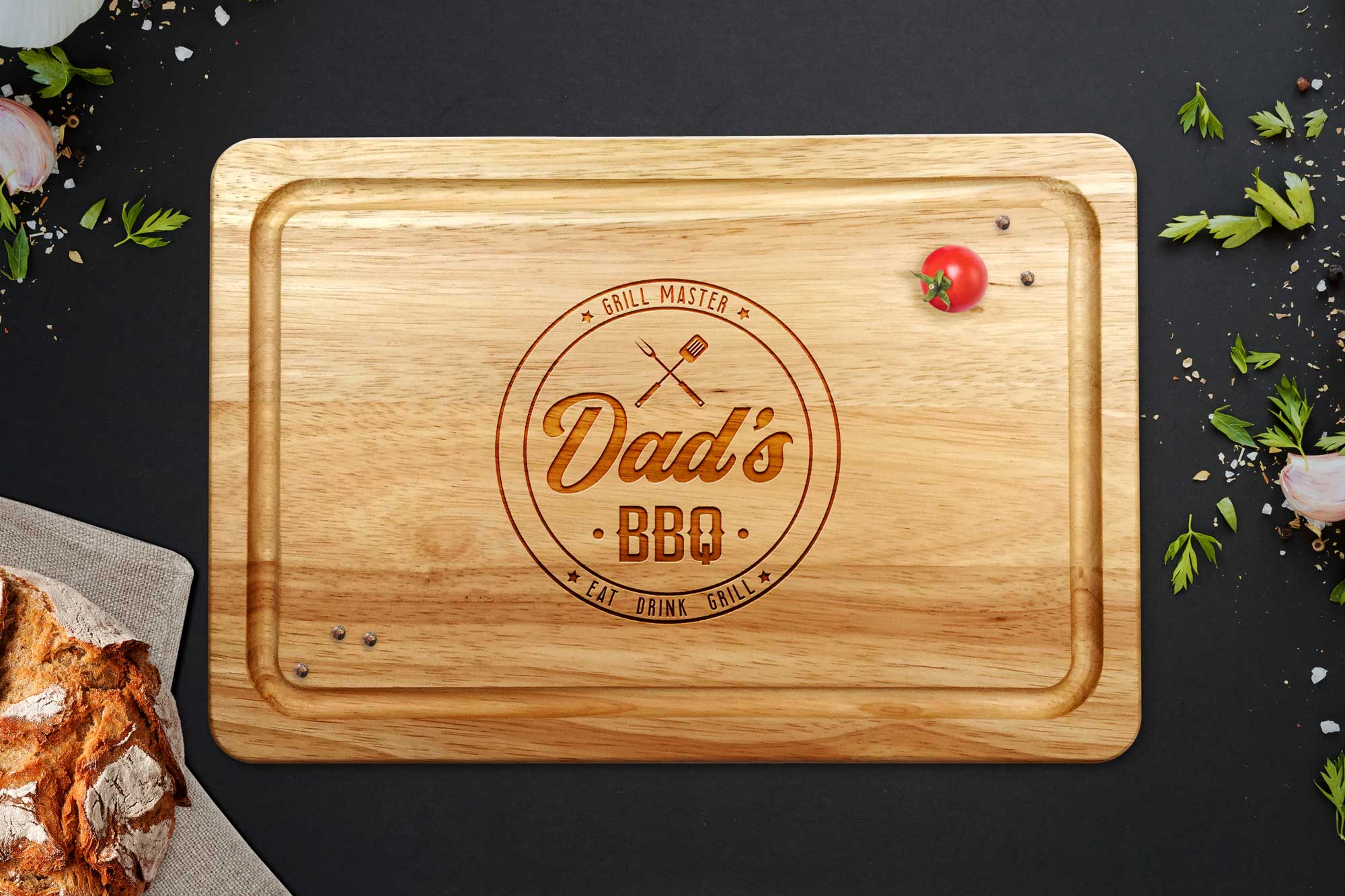 Grill Master chopping board on a grey worktop