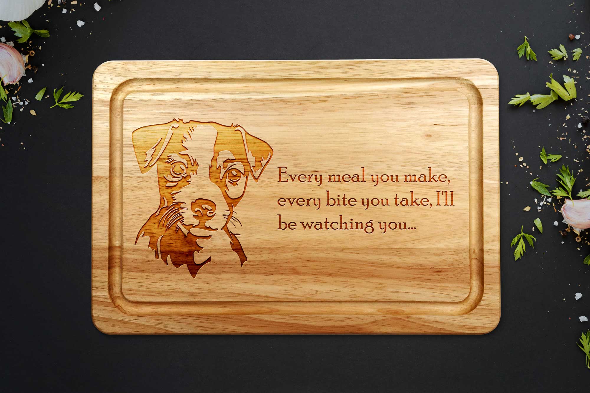 Jack Russell Chopping Board on a dark worktop