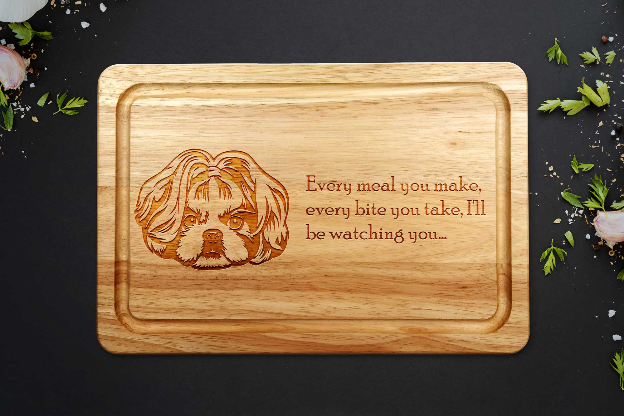 shih tzu chopping board on a grey backgroun