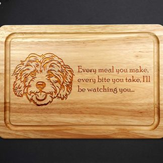 cavapoo chopping board on grey worktop