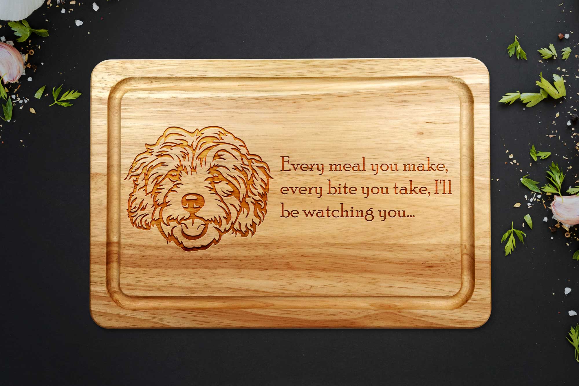 cavapoo chopping board on grey worktop