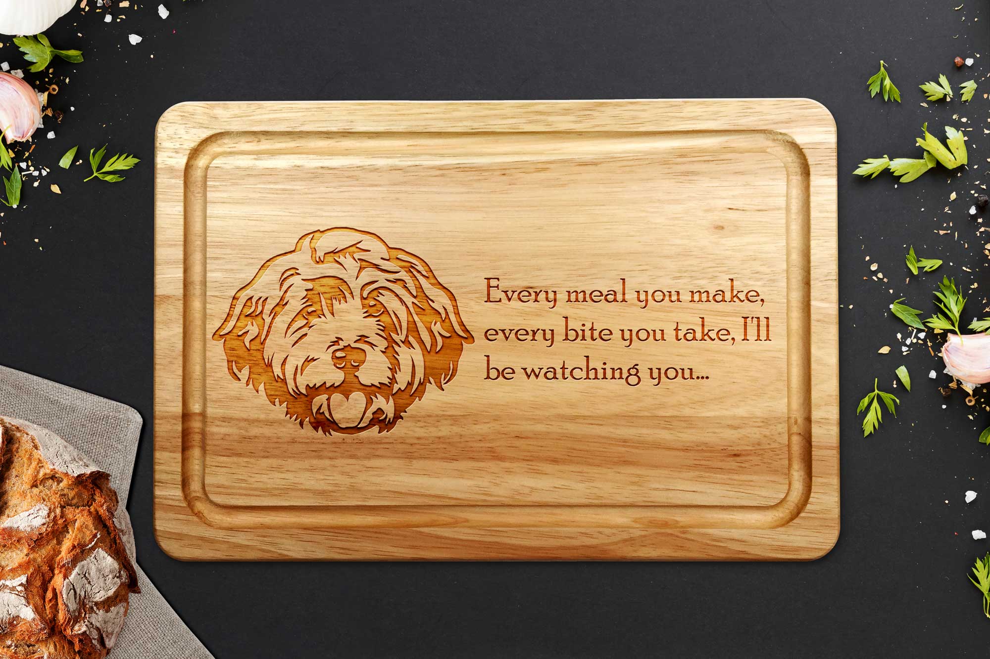 cockapoo chopping board on dark surface