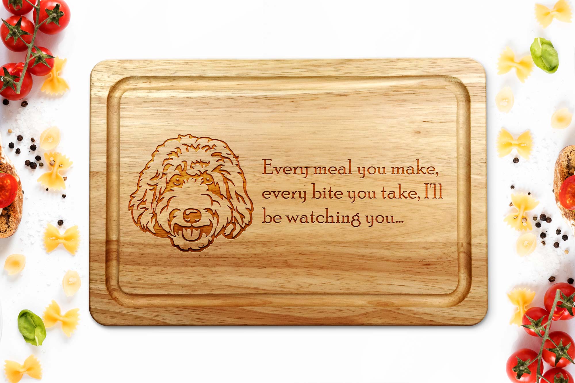 labradoodle chopping board on a white worktop