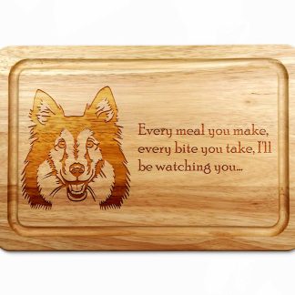 rough collie chopping board on a kitchen worktop