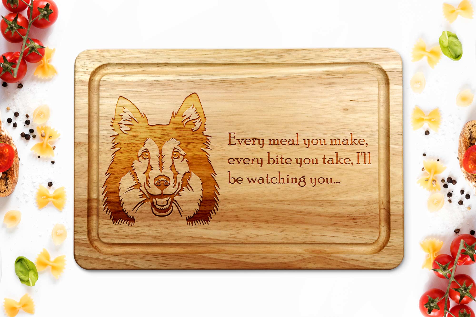 rough collie chopping board on a kitchen worktop