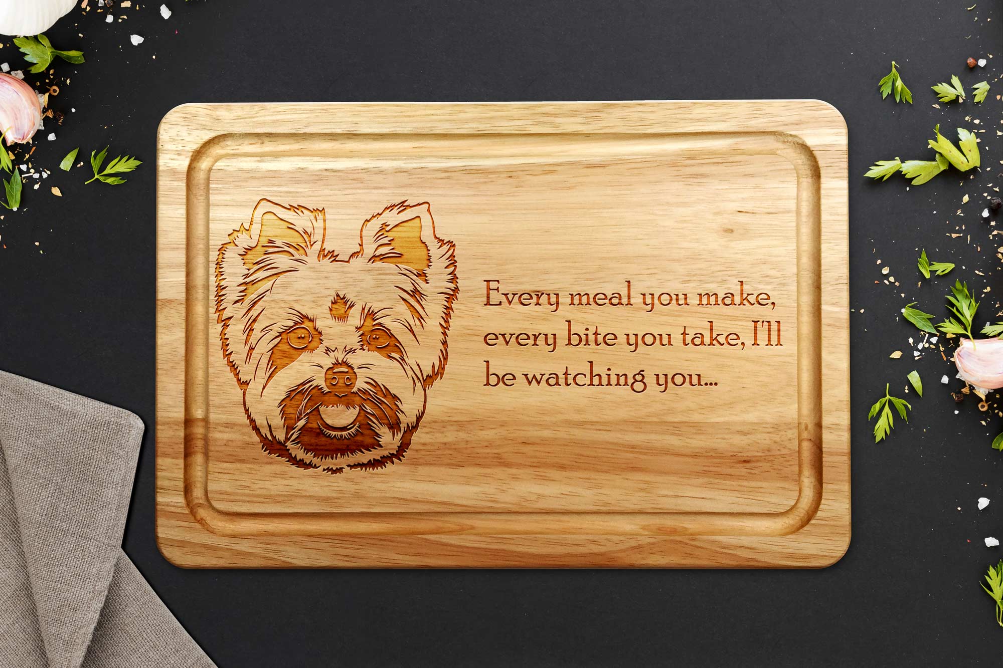 yorkshire terrier chopping board on a dark surface