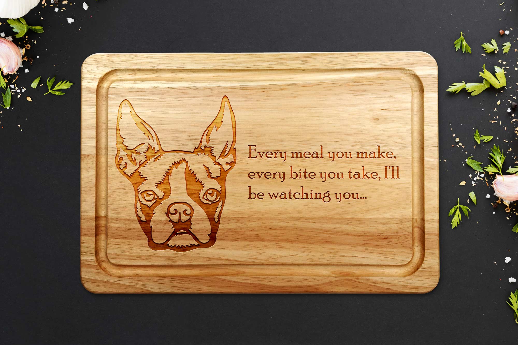 boston terrier chopping board on a grey worktop