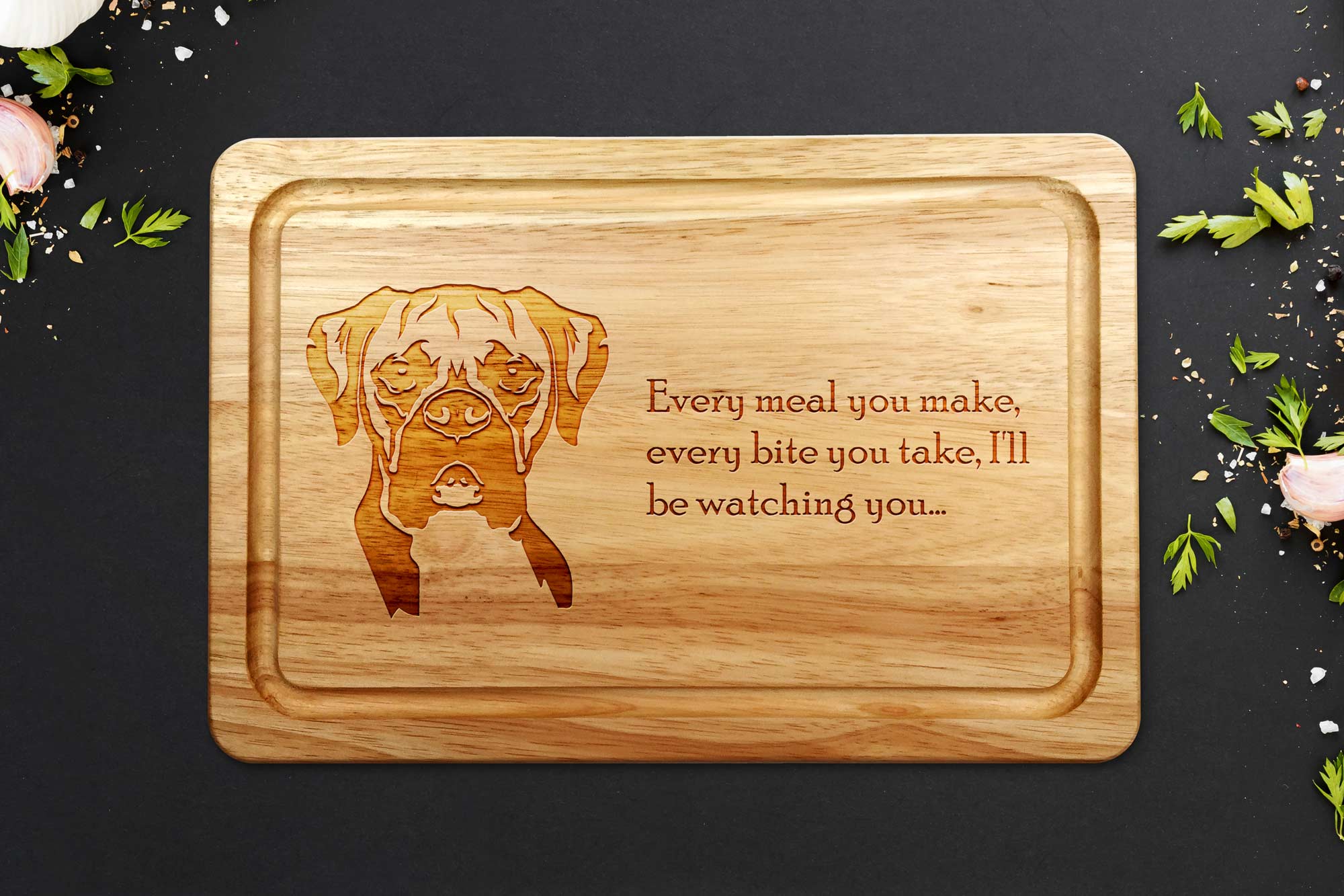 Boxer dog chopping board on a grey worktop