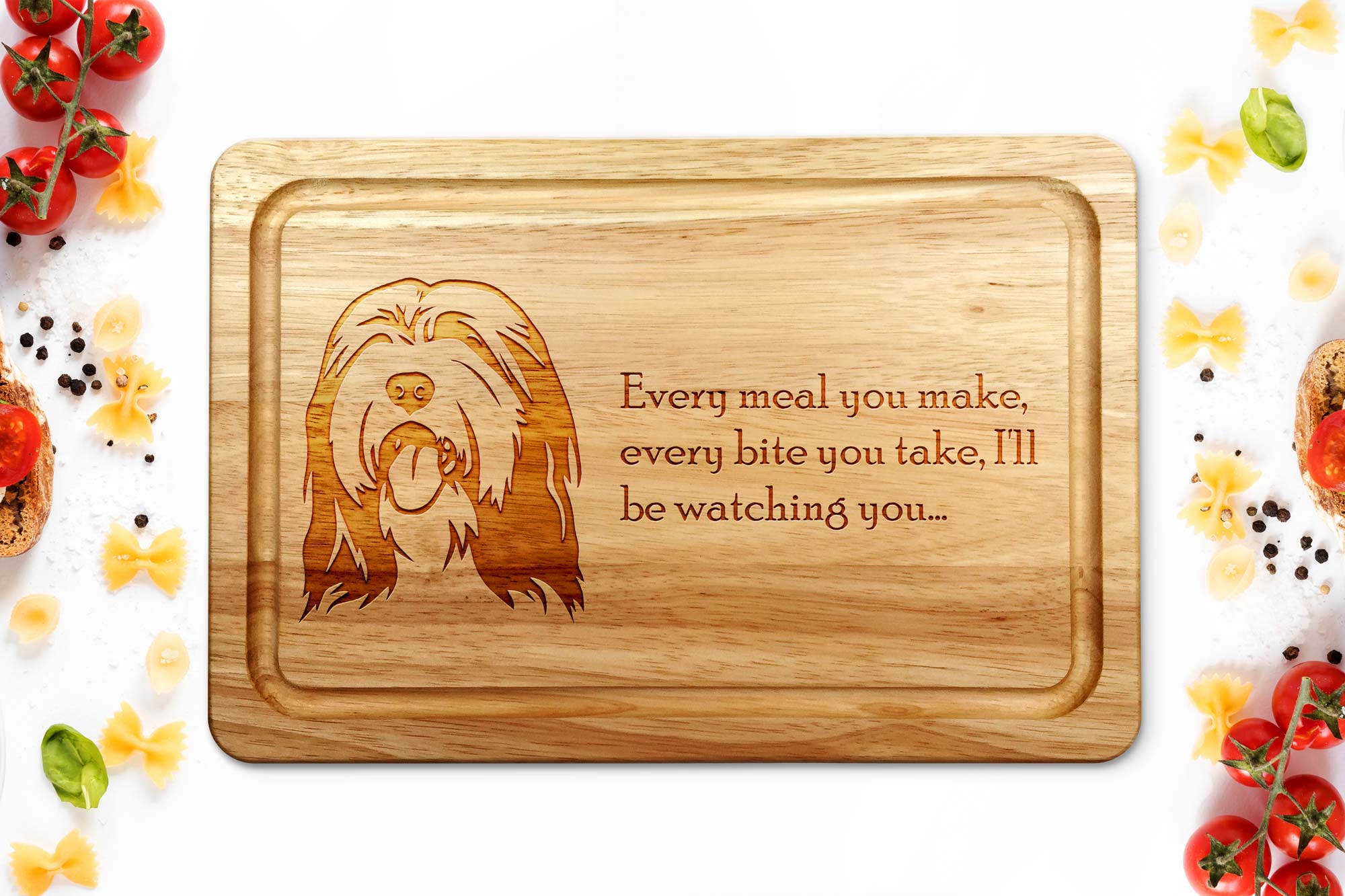 Bearded Collie Chopping Board on a White Worktop
