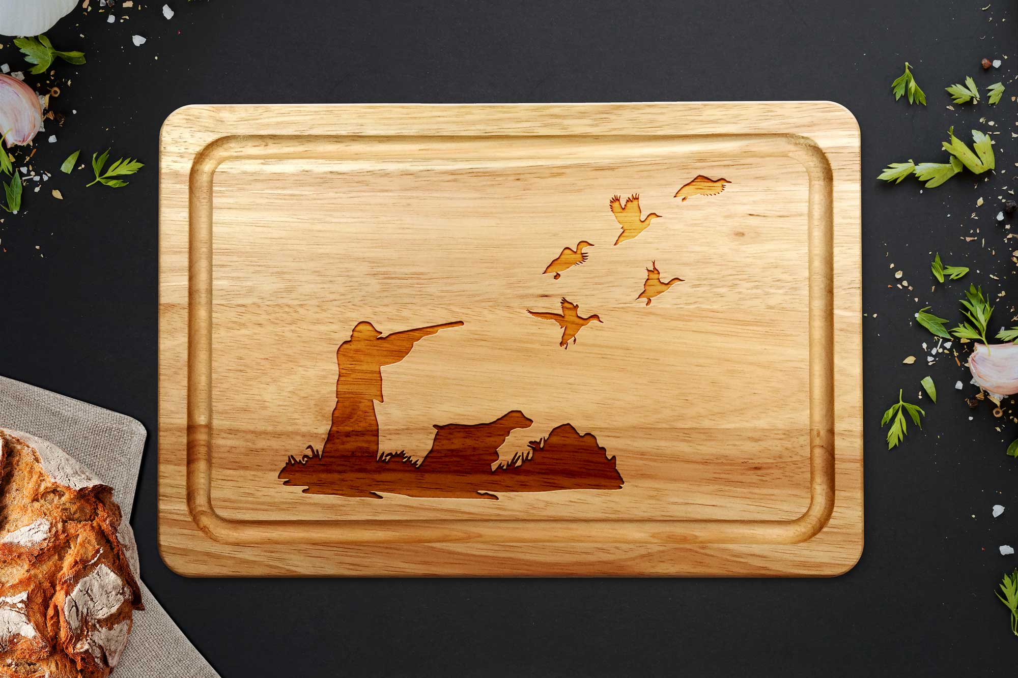 duck shooting chopping board on grey worktop