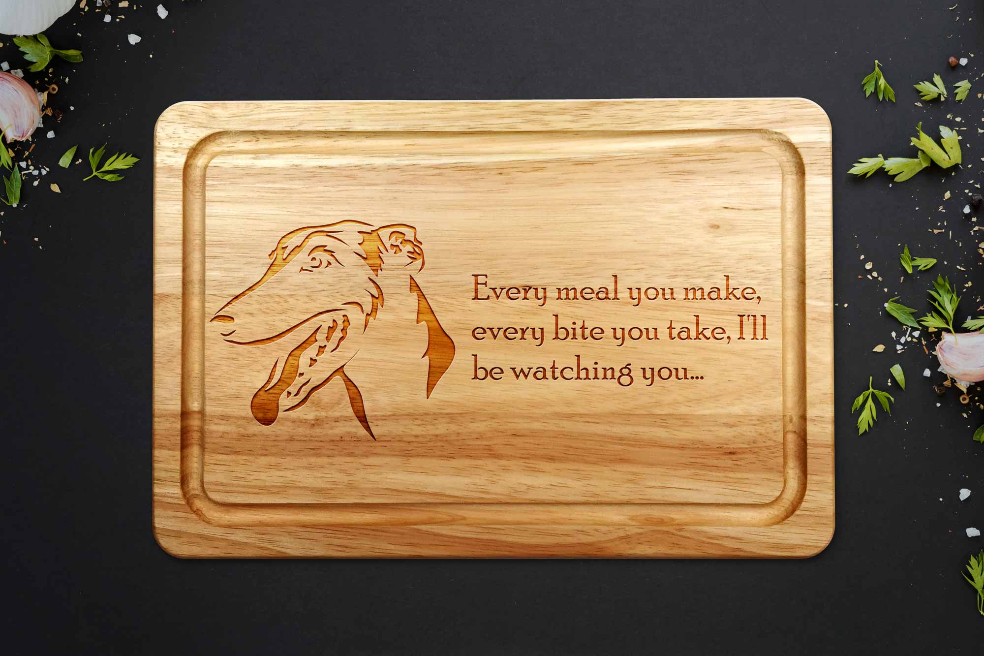 greyhound chopping board on grey worktop