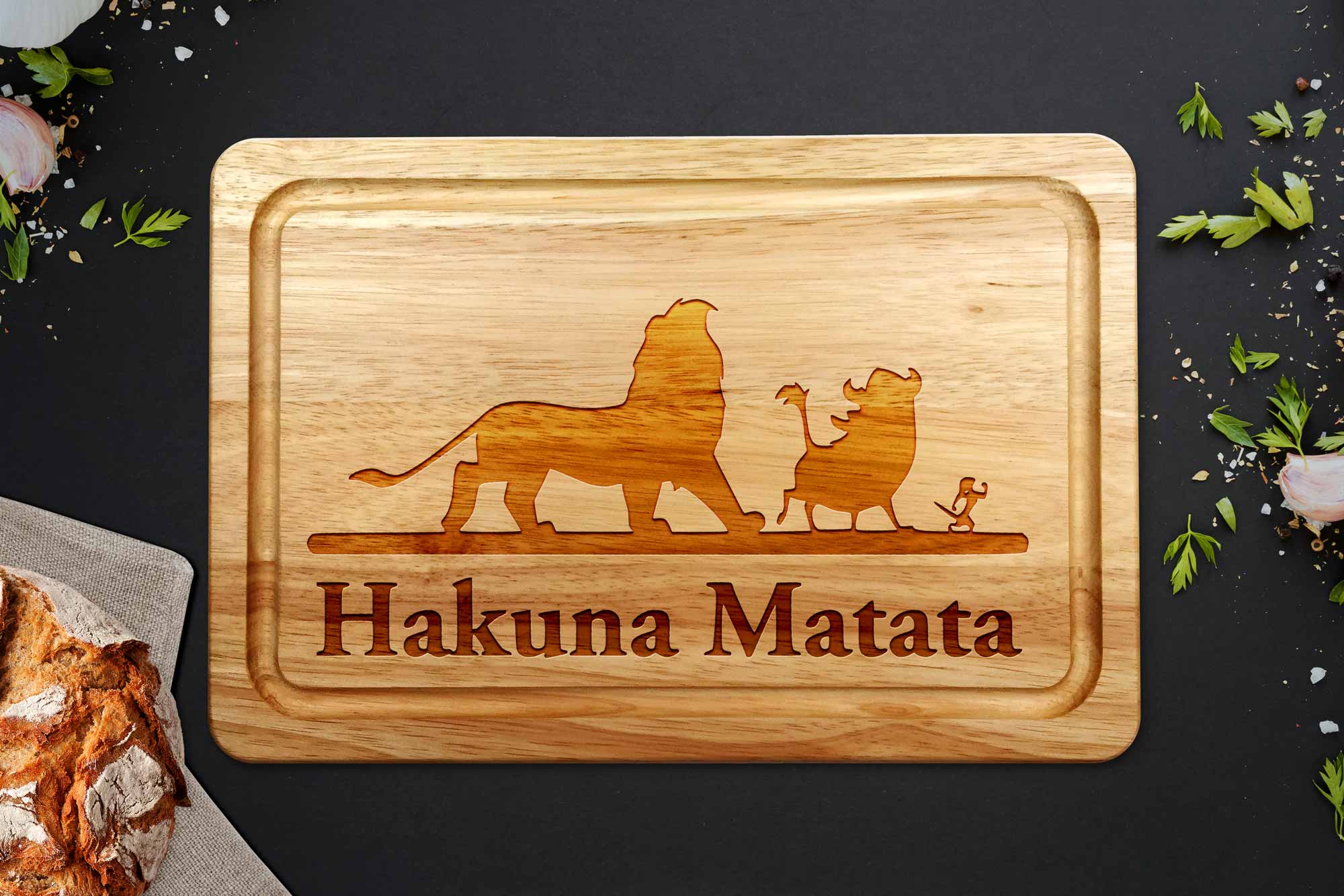 hakuna matata chopping board on grey worktop