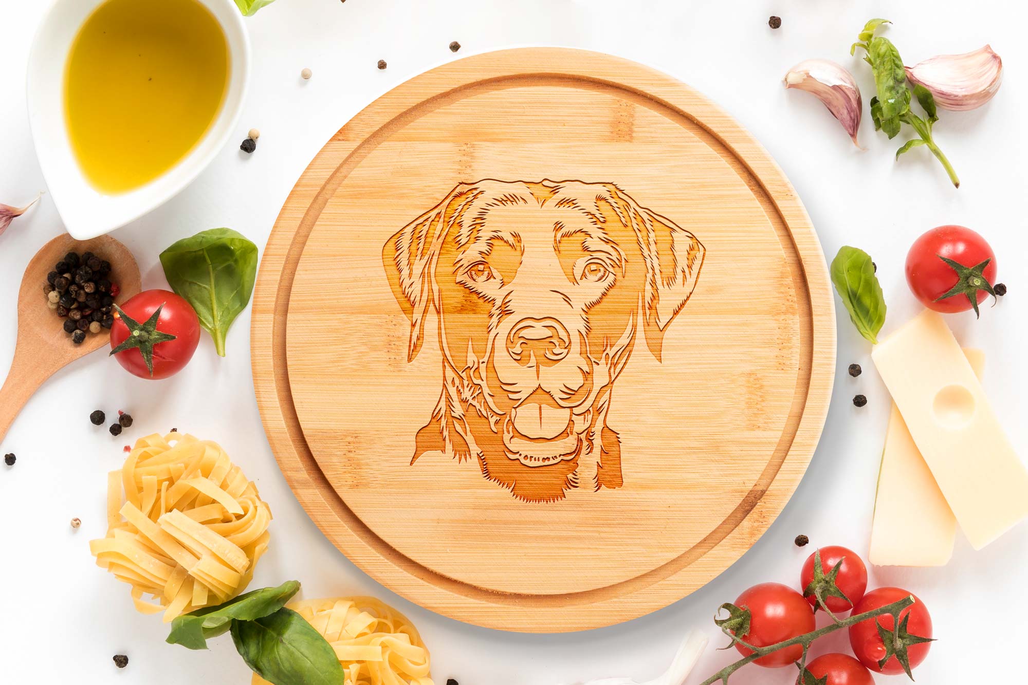 labrador portrait round chopping board on white worktop