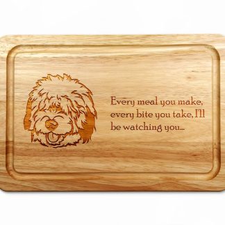 old english sheepdog board on white worktop