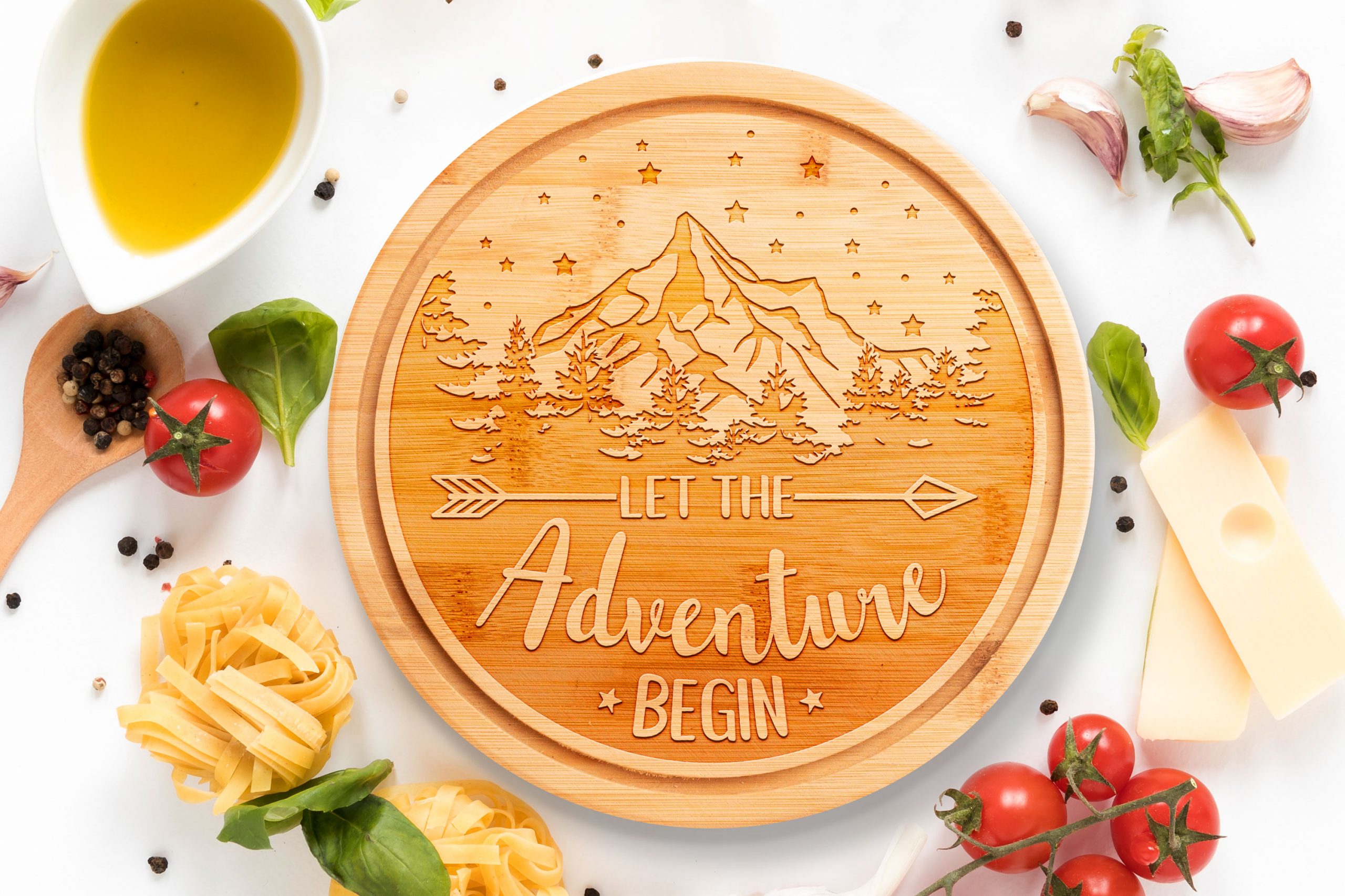 let the adventure begin round chopping board
