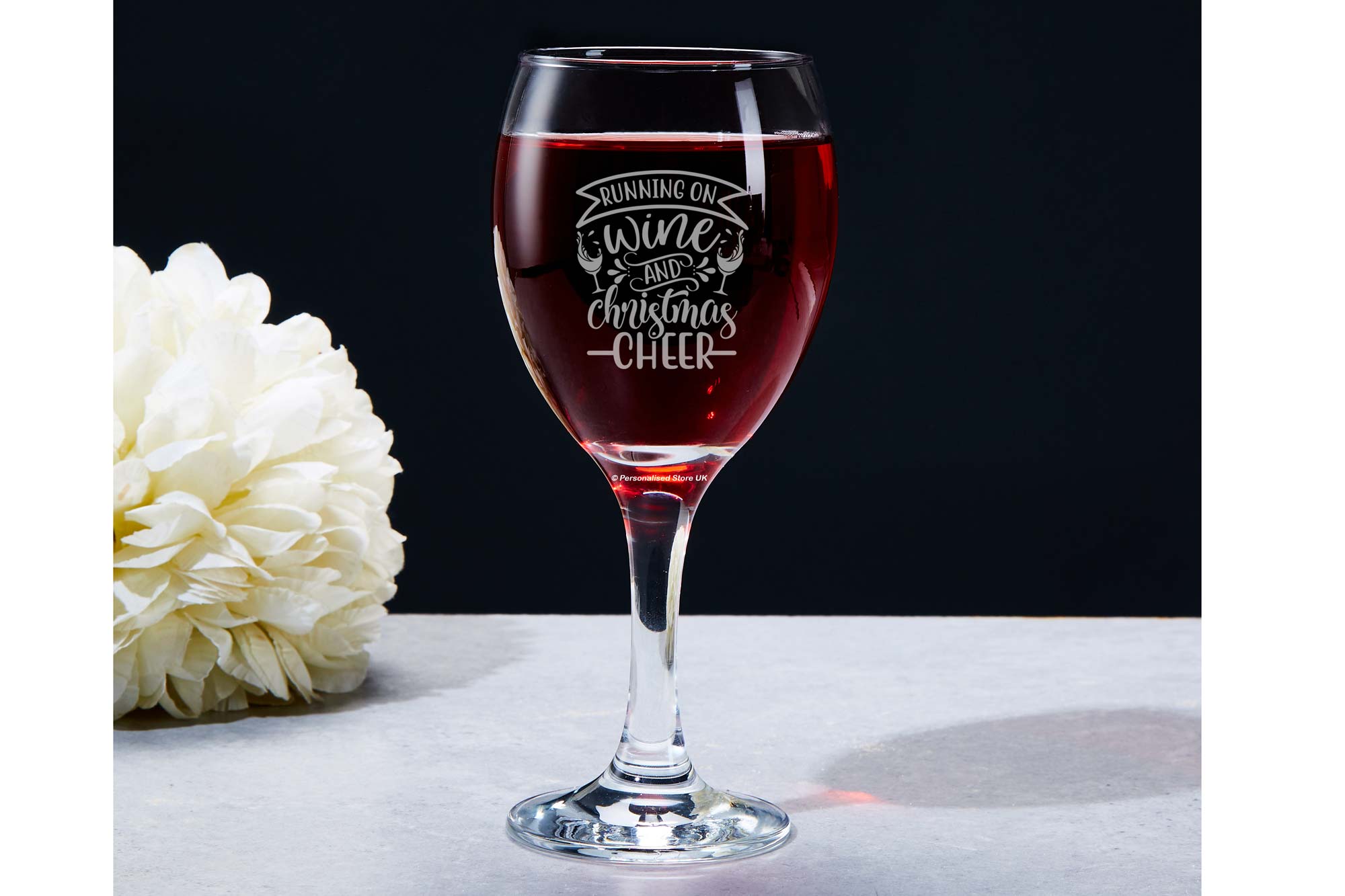 Engraved wine glass for professional Use and Featuring a Beautiful Festive Christmas inspired design. 'Running on Wine and Christmas Cheer' Wine Glass