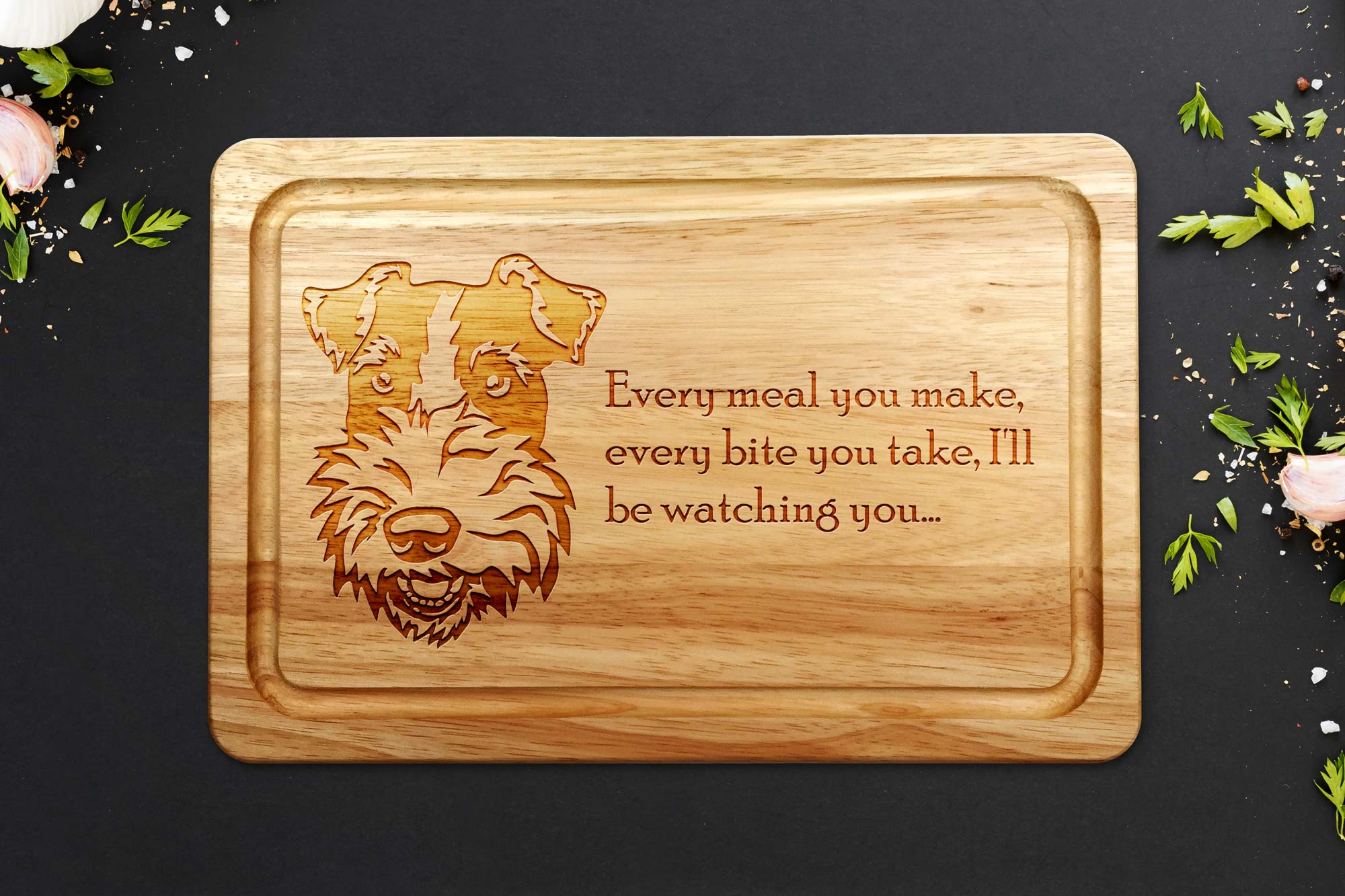 wire fox terrier chopping board on a grey worktop