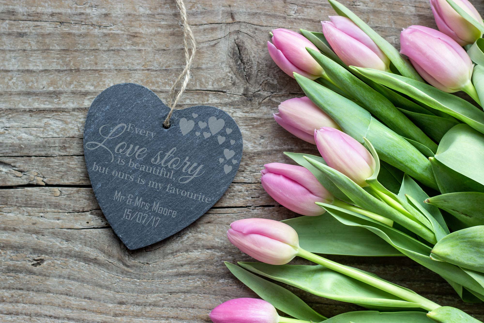 Personalised love story slate hanging heart