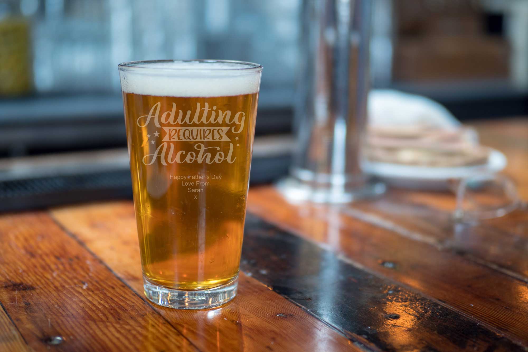 Personalised 'Adulting Requires Alcohol' Father's Day Pint Glass