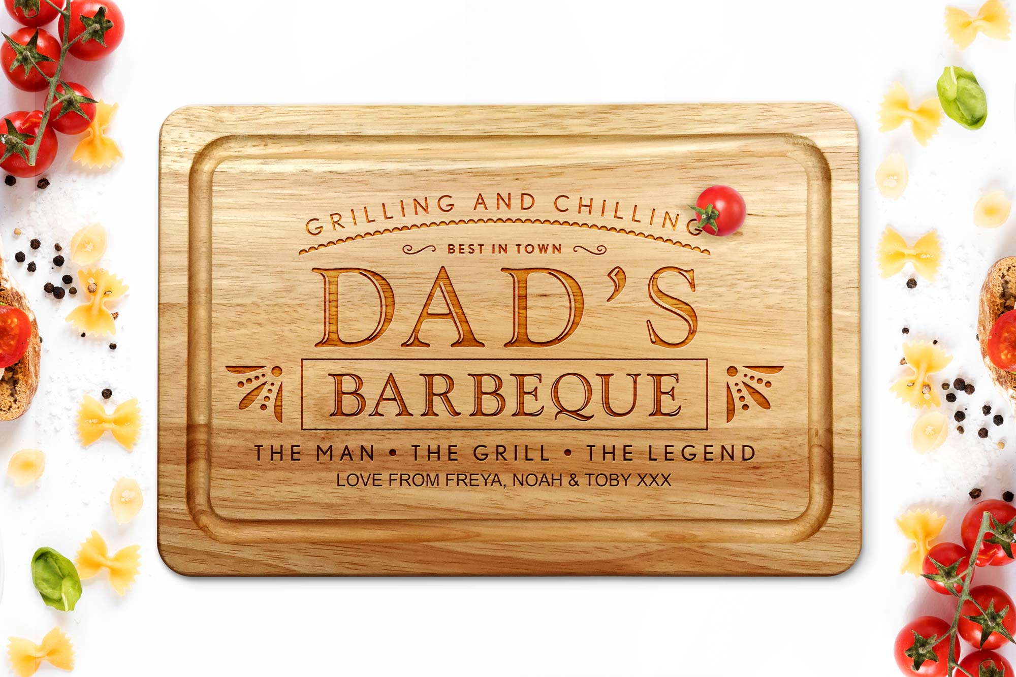 Dad's BBQ Grilling and Chilling Chopping Board on a kitchen worktop